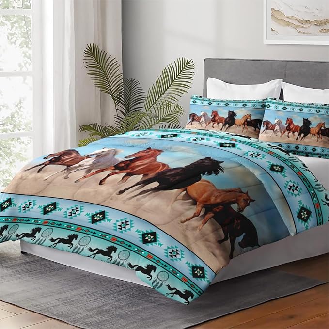 King Size Comforter Set with 2 Pillowcases, Horses Desert Animal 3 Pcs Bedding for Kids and Adults, Tribal Farm Sunset Run Soft Comforter Set for Bedroom Bed Decor