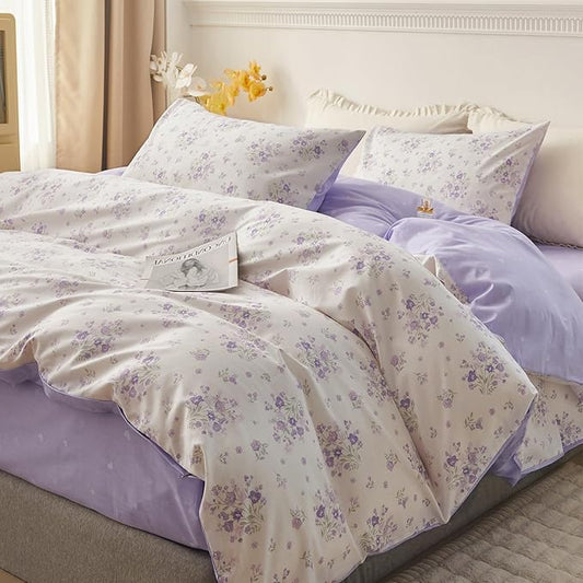 HighBuy Botanical Floral Comforter for Twin XL Bed Reversible Fluffy Comforter Set with Purple Flower Cottagecore Bedding Sets 3 Piece for Teen Girl(1 Floral Comforter and 2 Pillowcases),All Season