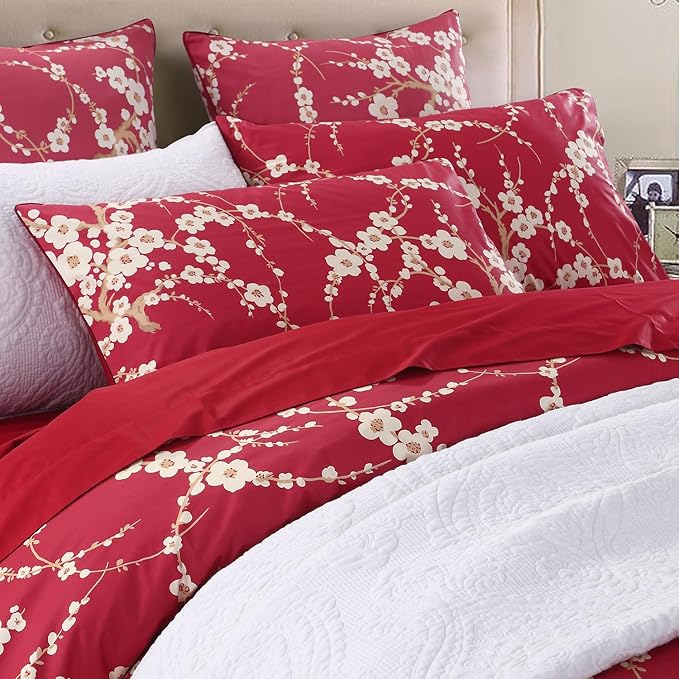 WINLIFE 100% Cotton Pillowcases Set of 2 Floral Printed Pillow Case Beige Plum Blossom on Red Pillow Cover, King 20x36''