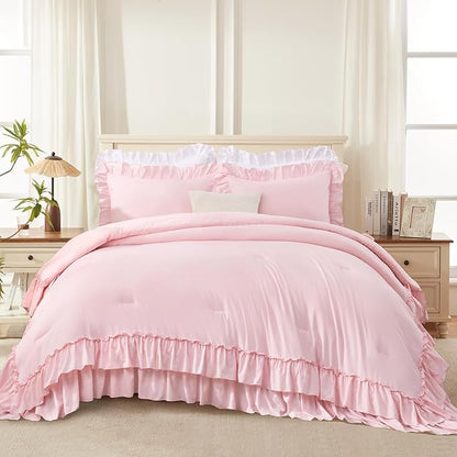 Andency Pink Ruffle Oversized King Comforter Set, Shabby Chic Farmhouse Bedding Sets 3 Pieces, Soft Lightweight Bet Set for All Season (1 Ruffle Comforter 2 Pillowcases)