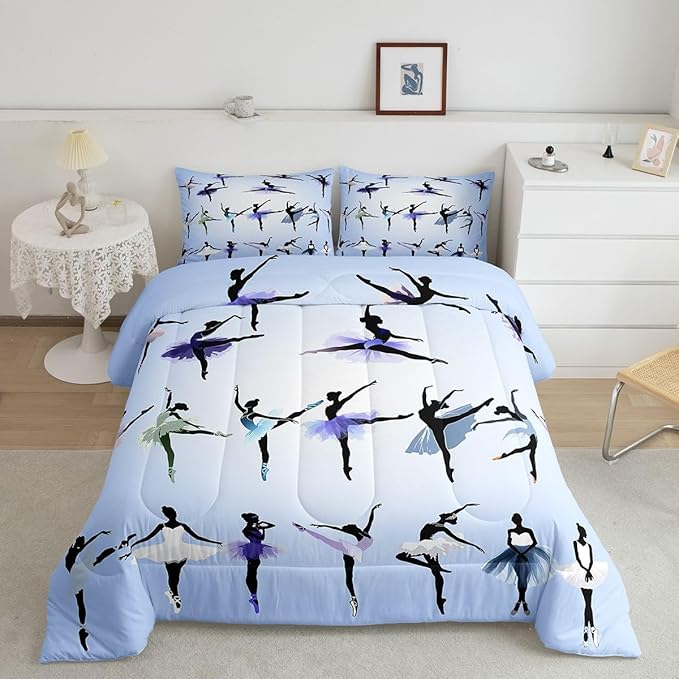 Erosebridal Girl Comforter Set Queen Size Ballet Bedding Set for Girls Women Kids Teens Dancing Theme Down Comforter Classical Graceful Style Warm Soft 3 Pieces Bedroom Decor Quilt Set