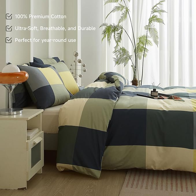 mixinni Checkered Geometric Duvet Cover Set - Full Size, 3-Piece 100% Cotton Bedding Set, Soft & Breathable Plaid Design with Zipper Closure, Reversible Comforter Cover for All Seasons