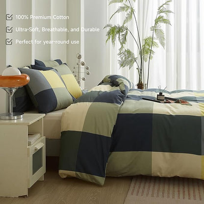 mixinni Checkered Geometric Duvet Cover Set - Full Size, 3-Piece 100% Cotton Bedding Set, Soft & Breathable Plaid Design with Zipper Closure, Reversible Comforter Cover for All Seasons