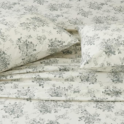 DAUAOTO Cotton Sheets Set California King Printed Bedding Sets, Toile Red Floral Pattern Bedlinen for Cal King Mattress Up to 14" Deep, Gray