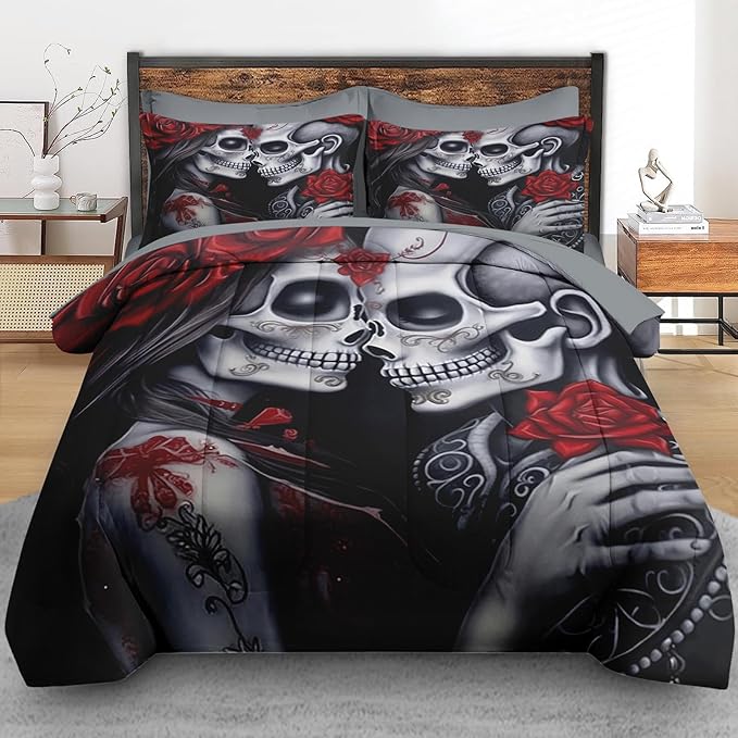 Comforter Set Full Size, Love 7 Pcs Bedding for Adults, Vintage Flower Rose Bed Sheet Sets with Fitted Sheet 2 Pillowcases & 2 Shams for Bedroom Bed Decor