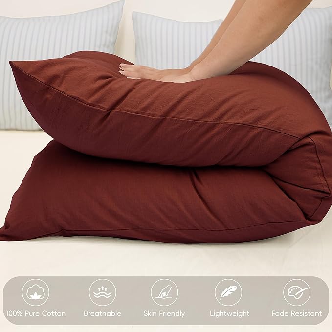 MooMee Body Pillow Cover Pillowcase with Zipper 100% Washed Cotton Linen Like Textured Breathable Durable Soft Comfy (Solid Fired Brick Red, 21”x54”, 1PC)