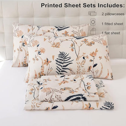 JSD Boho Floral Printed Sheet Set Queen Size 4 Piece, Soft Botanical Pattern Microfiber Sheets Extra Deep Pocket