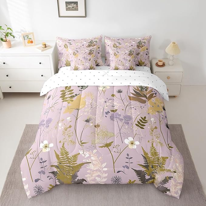 Castle Fairy Rustic Jungle Leaves Comforter Set Bed in a Bag 7 Pieces King,Retro Botanical Flowers Leaves Bedding Set,Farmhouse Style (Comforter+Fitted+Flat Sheet+2 Pillowcases+2 Throw Pillow Covers)