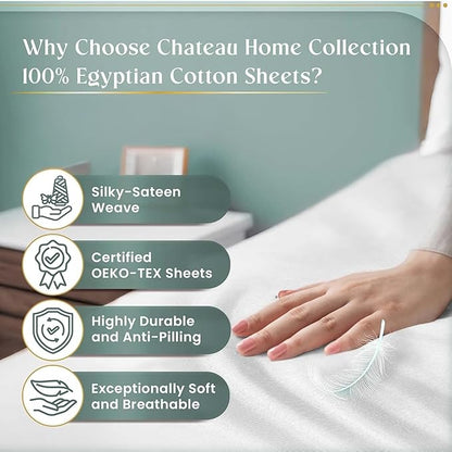 100% Egyptian Cotton Sheets King Size Sheets Set with Fully Elasticated 15" Deep Fitted Sheet & Pillowcase Sets, Sateen Weave Hotel Collection King Sheet Set, Soft Luxury White Bedding