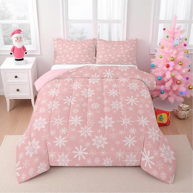 Erosebridal Pink Christmas Comforter Set King Girly Romantic Snowflake Duvet Insert Princess Winter Quilt Girls Modern Style Bedding Set Bedroom Decor Pink Floral Bedding Set & 2 Pillowcases