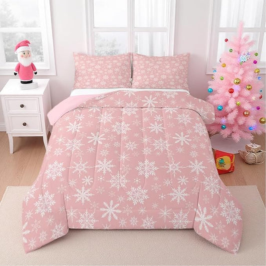 Erosebridal Pink Christmas Comforter Set King Girly Romantic Snowflake Duvet Insert Princess Winter Quilt Girls Modern Style Bedding Set Bedroom Decor Pink Floral Bedding Set & 2 Pillowcases