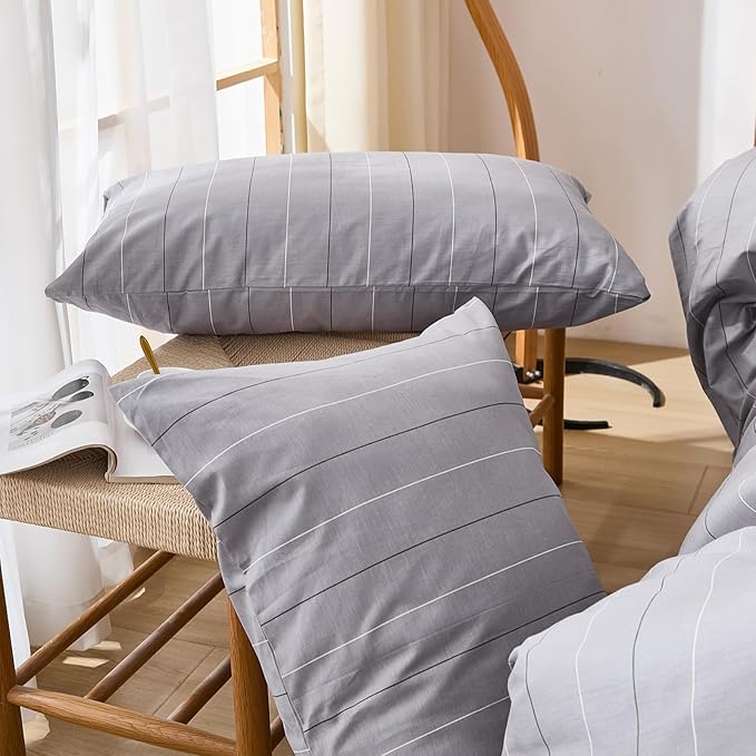 Merryword 100% Cotton Stripe Duvet Cover Set King Size - Gray Striped Duvet Cover Set with Zipper Closure & 8 Corner Ties, Modern Minimalist Wide Stripe Bedding Set for Cozy Elegant Bedroom