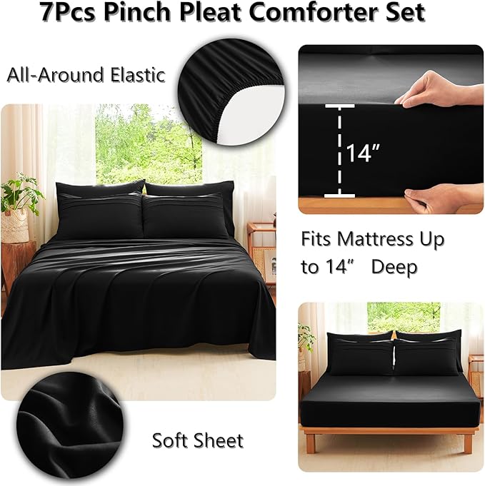 CozyLux Full Size Comforter Sets Black, 7 Pieces Soft Pinch Pleat Bed in a Bag Full Comforter Set with Sheets, Boho Bed Set with Down Alternative Comforter, Sheets, Pillowcases & Shams