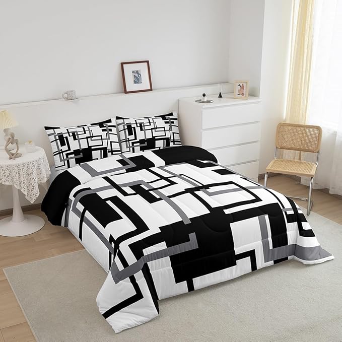 Erosebridal Grid Comforter for Kids Boys Girls,Black and White Bedding Set Full Size,Geometric Pattern Quilt Set Ultra Warm,Buffalo Check Art Duvet Insert with 2 Pillow Shams Bedroom Decor
