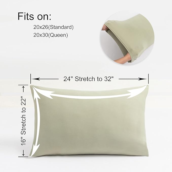 2-Pack Stretch Pillow Cases - Jersey Knit & Envelope Closure Pillowcases with Ultra Soft T-Shirt Like Polyester Blend - Suitable for Queen or Standard Size Set of 2, Sage Green