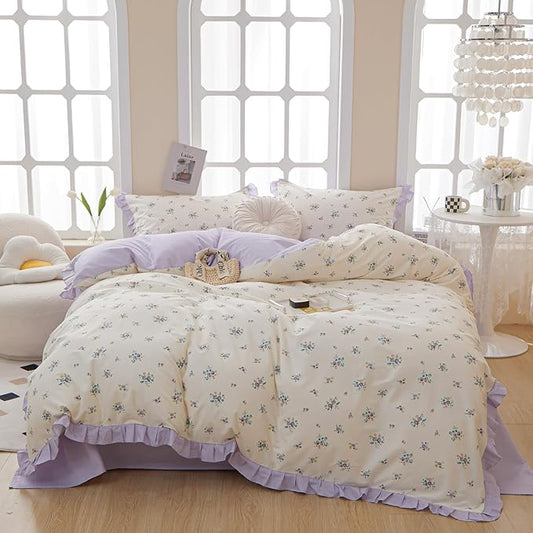 HighBuy Twin XL Comforter Set Ruffled Fluffy Lavender Flower Bedding Set for Women Girls Coquette Cottagecore Lace Ruffle Comforter and 2 Pillow Shams for All Season
