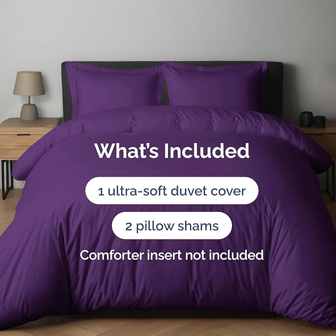 Duvet Cover King Size Set - Extra Soft King Duvet Cover 104" x 90" with 2 Pillow Shams - Hotel Luxury, Easy Care and Fade Free w/ Zipper Closures & Ties - All Season, Comfy, Cozy & Breathable (Purple)