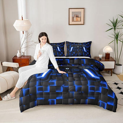 Erosebridal Gamer King Comforter Set for Boys Blue Gaming Kids Bedding Set Geometric Game Console Comforter for Teen Video Game Room Decor 3 Piece Neon Lights Gamepad Lightweight Bed Comforter Set