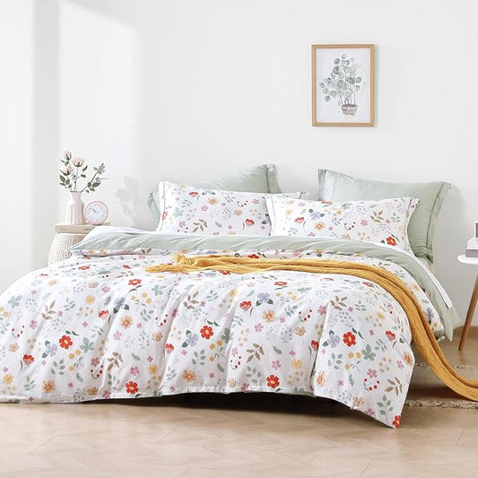 Botanical Cotton Comforter Queen Size 3Pcs - Colorful Flowers, Berries and Leaves on White, Chevron Sage Green Back, Reversible Lightweight Bedding Sets with Soft Fill(Queen, 90"×90")