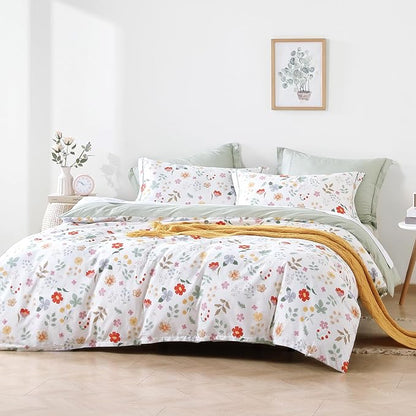 Botanical Cotton Comforter Twin Size 2Pcs - Colorful Flowers, Berries and Leaves on White, Chevron Sage Green Back, Lightweight Bedding Sets with Soft Fill(1 Comfoter, 1 Pillowcase)