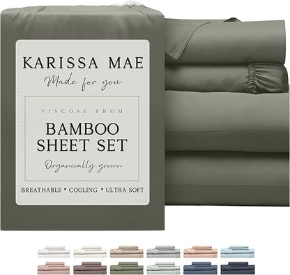 KARISSA MAE Cooling Bamboo Viscose Queen Sheet Set | 100% FSC Certified | 18” Deep Pocket | Silky, Soft, & Hypoallergenic | with Organizer Band & Elastic Corner Straps [Cypress Green]