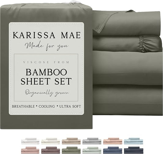 KARISSA MAE Cooling Bamboo Viscose Queen Sheet Set | 100% FSC Certified | 18” Deep Pocket | Silky, Soft, & Hypoallergenic | with Organizer Band & Elastic Corner Straps [Cypress Green]