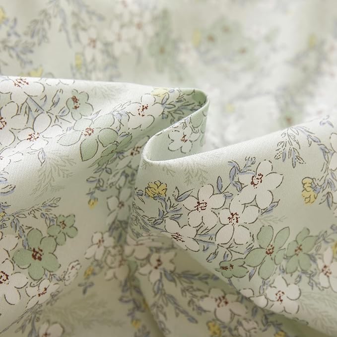 VM VOUGEMARKET Vintage Green Flower Duvet Cover Set Queen Fresh Botanical Bedding Set 100% Cotton Reversible Vintage Comforter Cover with Zipper&Ties