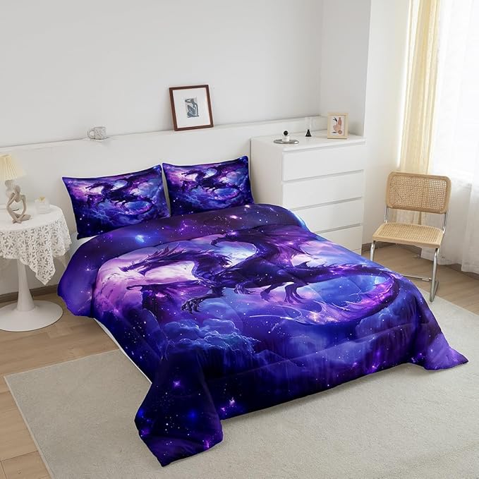 Dragon Comforter Set King Size,Magical Animals Bedding Set 3Pcs,Kids Girls Boys Teens Room Decor,Outer Space Starry Sky Quilt Set Purple Western Wildlife Theme Duvet Insert,2 Pillowcases