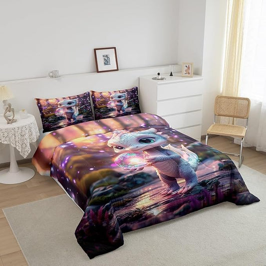Feelyou Dragon Comforter Set Queen Size Cute Comforter for Boys Girls Teens Wild Life Bedding Set Dragon Decor Duvet Set Room Decor Pink Purple Quilt Set
