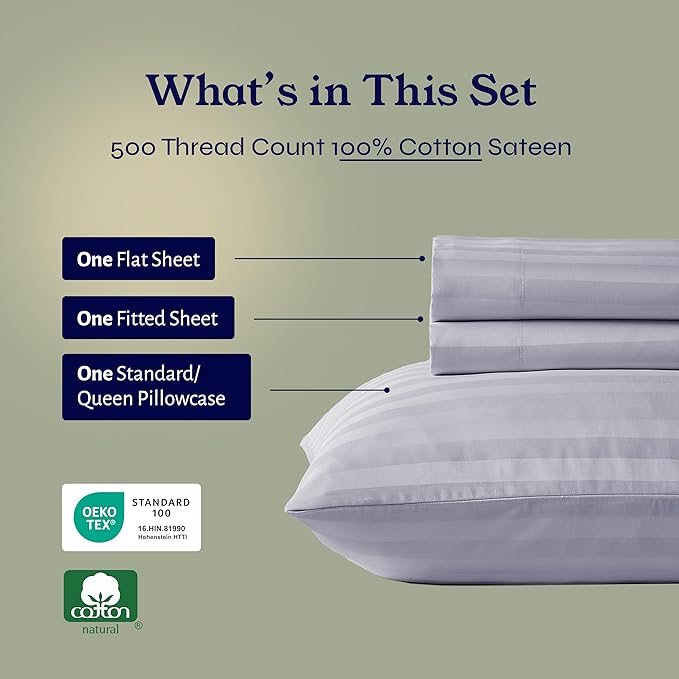 California Design Den - Bed Sheets Twin Size, Soft 100% Cotton Sheets, Deep Pockets, 500 Thread Count Sateen, Damask Stripe Bedding Sheets Twin Sheets Set (Lavender - Striped)