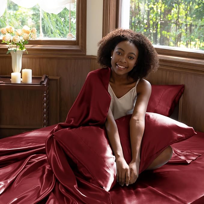 CozyLux Satin Sheets Full Size Sheets - 4 Piece Silky Full Size Bed Sheets, Luxury Burgundy Full Bed Set with Smooth and Soft Microfiber, Includes 1 Fitted Sheet, 1 Flat Sheet and 2 Pillowcases