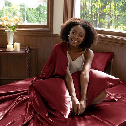 CozyLux Satin Sheets King Size Sheet Set - 4 Piece Silky King Sheets, Luxury Burgundy King Bed Set with Smooth and Soft Microfiber, Includes 1 Fitted Sheet, 1 Flat Sheet and 2 Pillowcases