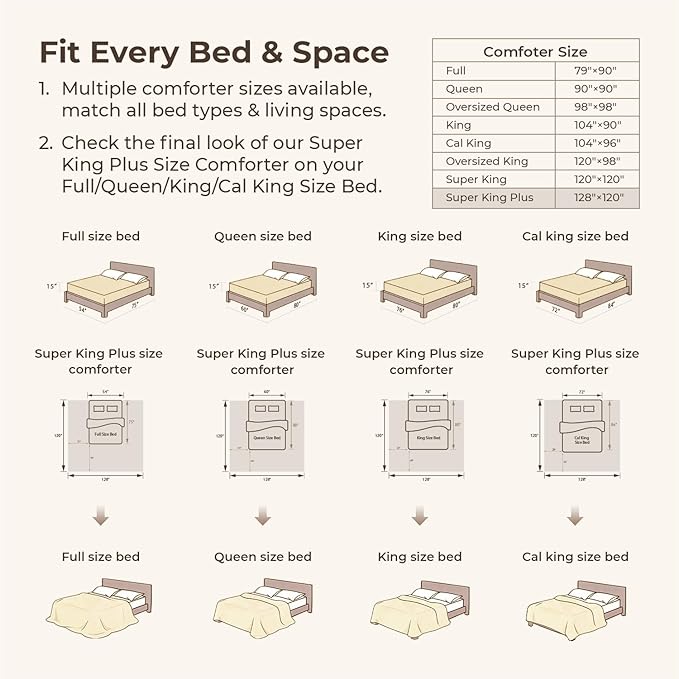 Litanika Beige Super King Plus Comforter, 3 Pieces Cream Tufted Boho Farmhouse Bedding Comforter Sets, Lightweight Fluffy Bed Set for All Season (128x120In Comforter and 2 Pillowcases)