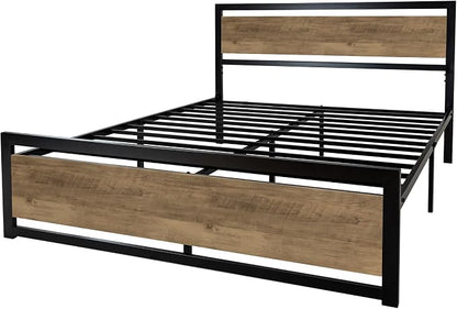 SHA CERLIN Heavy Duty Queen Size Bed Frame with Modern Headboard, Brown | Platform Metal Base with Square Footboard and 13 Strong Slats Support, No Box Spring Needed