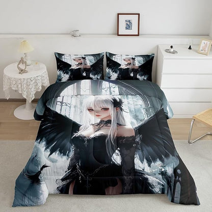 Erosebridal Anime Girl Bedding Set Toddler Size, Kawaii Japanese Anime Comforter for Kids Boys Teens Adult, Cartoon Girl Quilt Japan Animation Bedroom Decor, Machine Washable, Black White