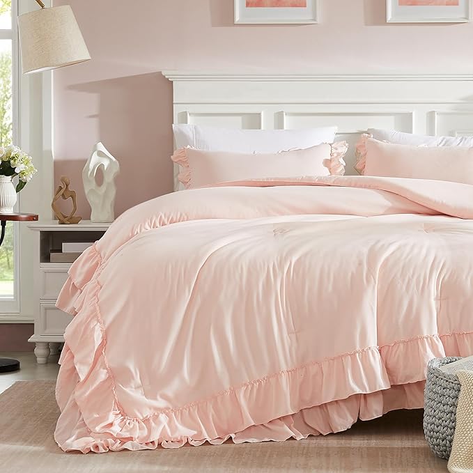 Cupocupa Blush Full Comforter Set, 3Pcs Ruffle Farmhouse Bedding Set with Comforter & Pillowcases, Soft Lightweight Fluffy Shabby Chic Comforter Set for All Season Use (Blush, F)
