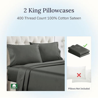 California Design Den King Size Pillowcase Set - 400 Thread Count, 100% Cotton Sateen, Set of 2 Pillow Covers, Soft and Breathable - Grey