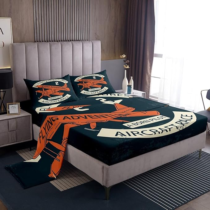 Castle Fairy Retro Aircraft Bed Sheet Set Twin Size,Vintage Airplane Orange Painting Sheet Set Kids Teens,Flying Adventure Helicopter Bedding Decor Set with 1 Flat & 1 Fitted Sheet with 1 Pillow Sham