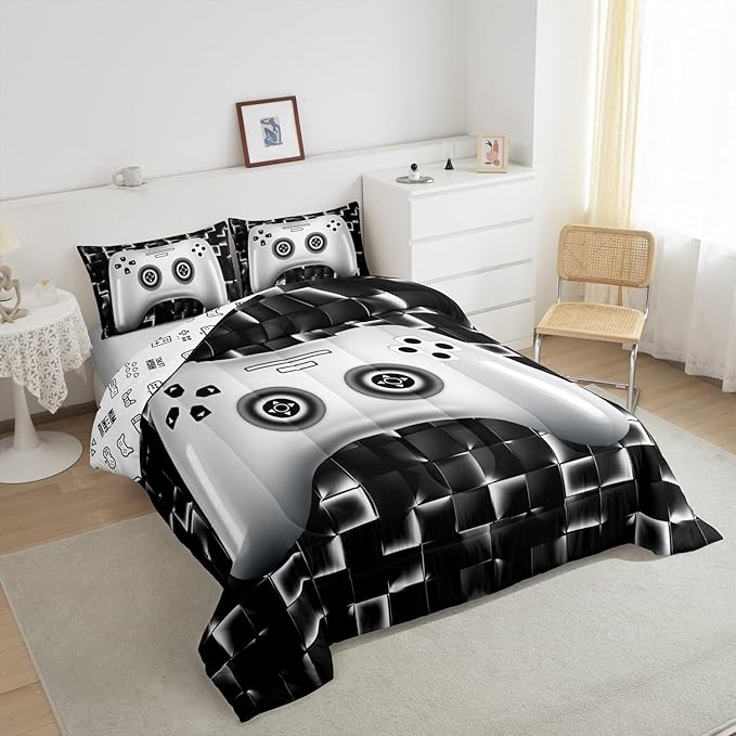 Erosebridal Kids Gaming Bedding Sets for Boys King Black White Gamer Comforter Set Geometric Checkered Game Console Bedding Set for Teen Youth Men 3D Video Game Gamepad Quilt Duvet 3 Piece