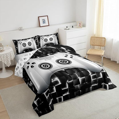 Erosebridal Kids Gaming Bedding Sets for Boys King Black White Gamer Comforter Set Geometric Checkered Game Console Bedding Set for Teen Youth Men 3D Video Game Gamepad Quilt Duvet 3 Piece