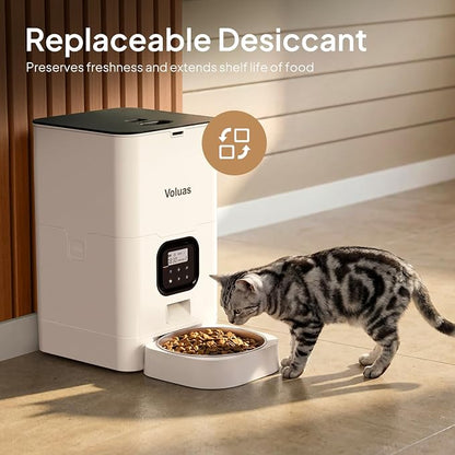 VOLUAS Automatic Cat Feeder, 6L Timed Dry Food Dispenser for Cats & Dogs | Programmable Portion Control, Up to 4 Meals Daily, Dual Power Supply, Power-Off Memory, 10-Second Voice Recorder