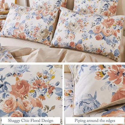 WINLIFE 100% Cotton Pillowcases Set of 2 King Natural Beauty Artwork Garden Floral Printed Pillow Cases Orange Blue Rose Print Pillow Cover (King 20x36'', Peony)