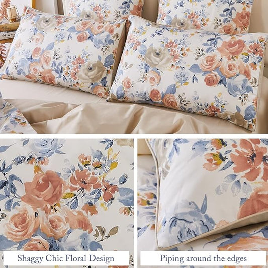 WINLIFE 100% Cotton Pillowcases Set of 2 King Natural Beauty Artwork Garden Floral Printed Pillow Cases Orange Blue Rose Print Pillow Cover (King 20x36'', Peony)