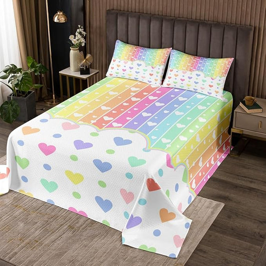 Manfei Cartoon Rainbow Kids Bedspread Queen Size,Wave Points Love Heart Dreamy Style Coverlet Set,Girls Women Room Decor,Colorful Geometric Stripes Quilted Coverlet,Chic Bedding Quilt,2 Pillowcases