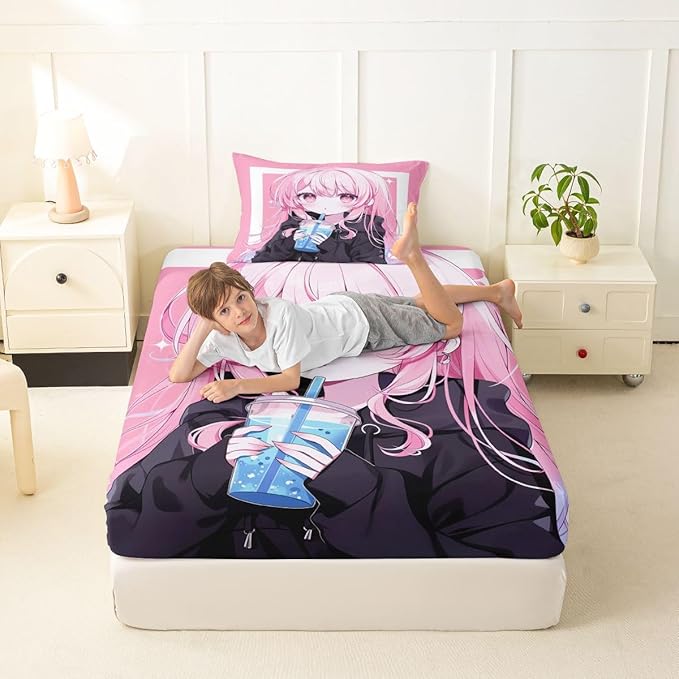 Erosebridal 3D Japanese Twin Bed Sheets Anime Girl Drinking Milk Tea Fitted Sheet,Cute Kawaii Girly Kids Bedding Sets Modern Fashion Aesthetic Sheets with 1 Pillowcase