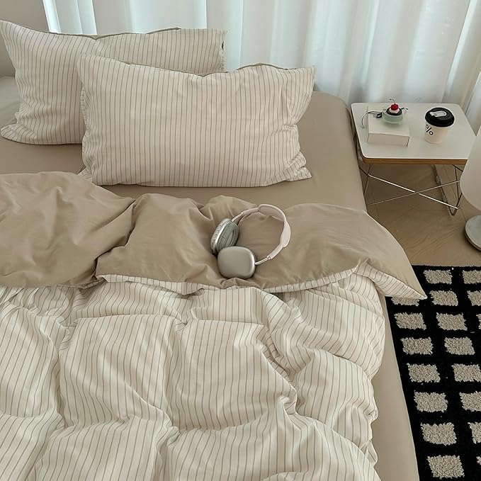 Nayoroom Brown Striped Duvet Cover Queen Size 100% Washed Cotton Duvet Cover Linen Like Textured, Reversible 3 Pieces Soft Breathable Yarn-Dyed Stripe Girls Dorm Bedding Set for All Seasons