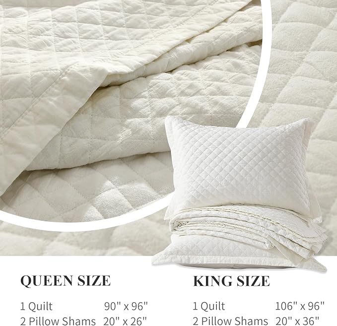 Grassix Linen Quilt Set King Size 3-Piece, 100% Linen Front & Cotton Back, Prewashed Diamond Stitch Bedspread with 2 Shams, Lightweight Breathable Quilt for Hot Sleepers, Modern Farmhouse Bedding