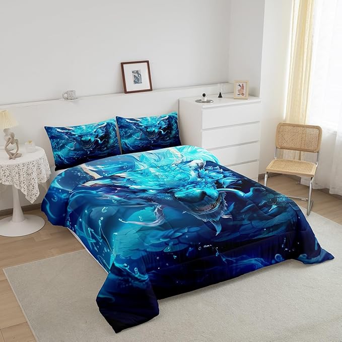 3D Dragon Comforter Set King Size,Western Magical Dragon Gothic Bedding Set for Kids Boys Teens Men Room Decor,Waterdrop Nature Animal Duvet Insert 3Pcs,Wildlife Retro Quilt Set,2 Pillowcases