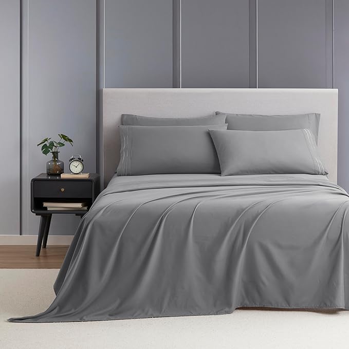 Clara Clark Full Sheets - Hotel Luxury 6 Piece Bed Sheets for Full Size Bed - Soft Bedding Sheets & Pillowcases, Fits Mattress up to 16 inch deep. Full, Medium Grey