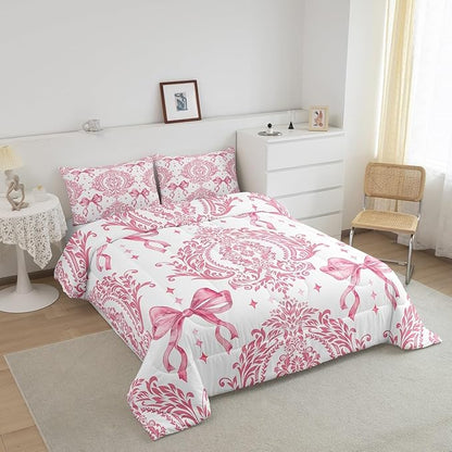 Feelyou Girls Pink Bowknot Comforter Set Full Size Gothic Damask Comforter Victorian-Themed Bedding Set Baroque Duvet Set Vintage Floral Quilt Set 3Pcs